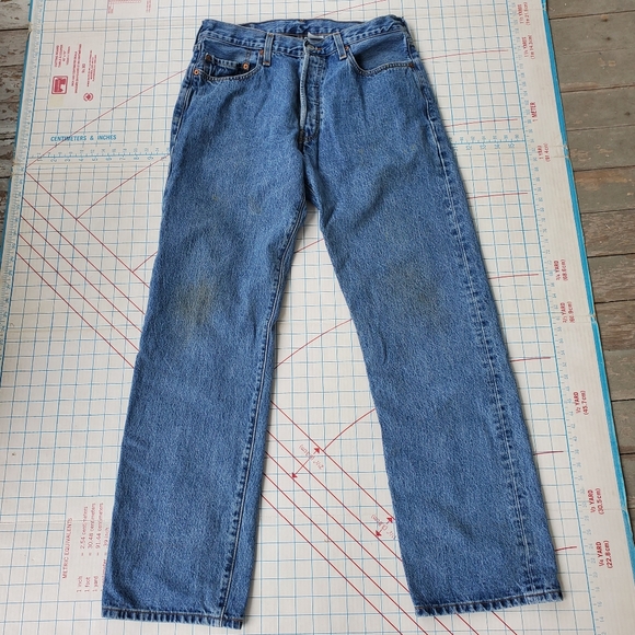 Levi's 501 Button Fly Straight Jeans 34x32 Men's Red Tab Denim Vintage Stained - Picture 4 of 16